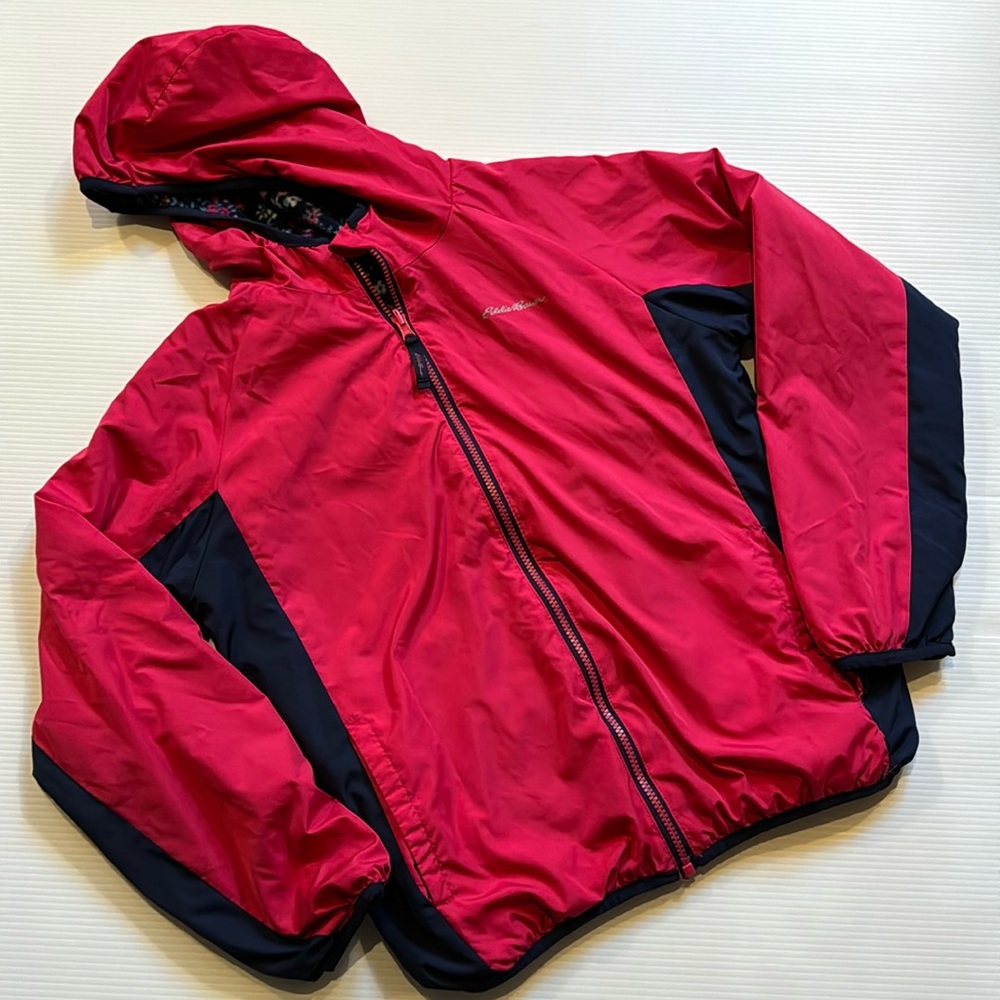 Eddie Bauer pink & blue, flowered reversible hooded jacket.  Girls size large